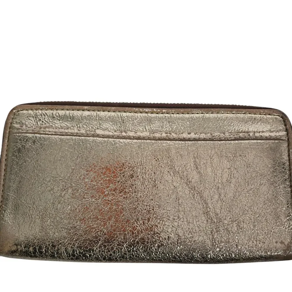 Coach Poppy Wallet Wristlet Gold Champagne Crinkle Leather Metallic Branded Zip